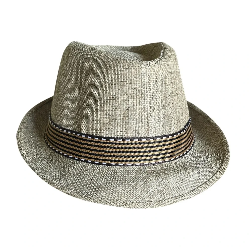 Kids Tan‎ Woven Fedora Hat Striped Band Size 54 Summer Trilby Sun Hat